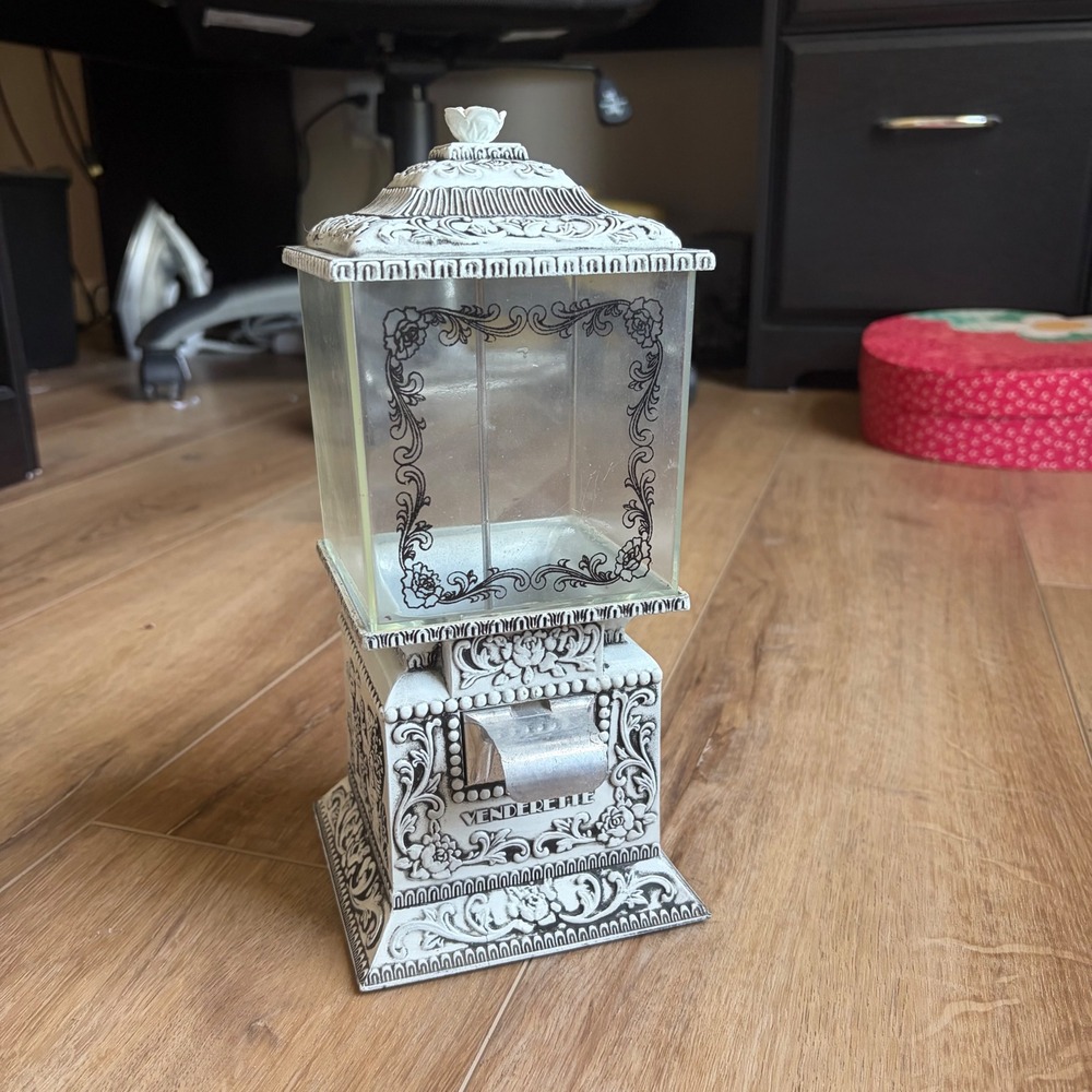 Vintage Venderette Candy Nut Dispenser Ornate White Black Cast Metal Glass Decor - Picture 8 of 11